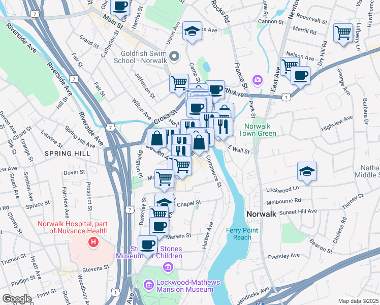 map of restaurants, bars, coffee shops, grocery stores, and more near 43a Wall Street in Norwalk