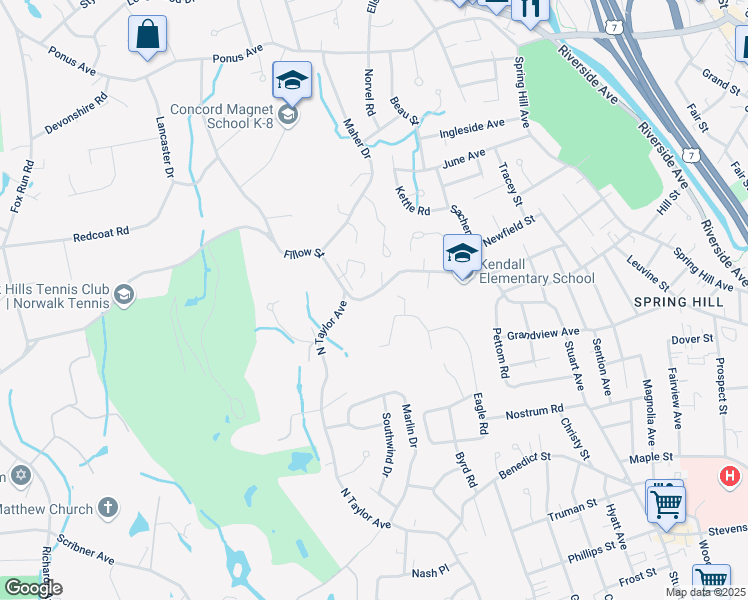 map of restaurants, bars, coffee shops, grocery stores, and more near 115 Fillow Street in Norwalk