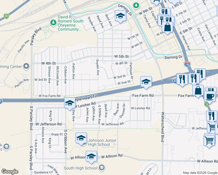 map of restaurants, bars, coffee shops, grocery stores, and more near 714 West Second Street in Cheyenne