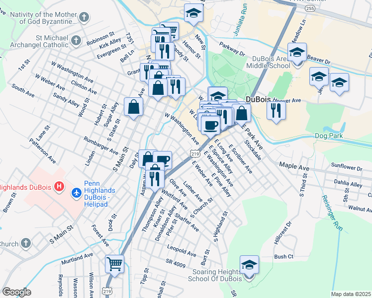map of restaurants, bars, coffee shops, grocery stores, and more near 12 West Weber Avenue in DuBois