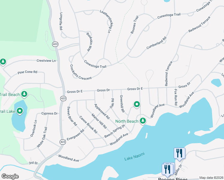 map of restaurants, bars, coffee shops, grocery stores, and more near Gross Drive East in Pocono Pines