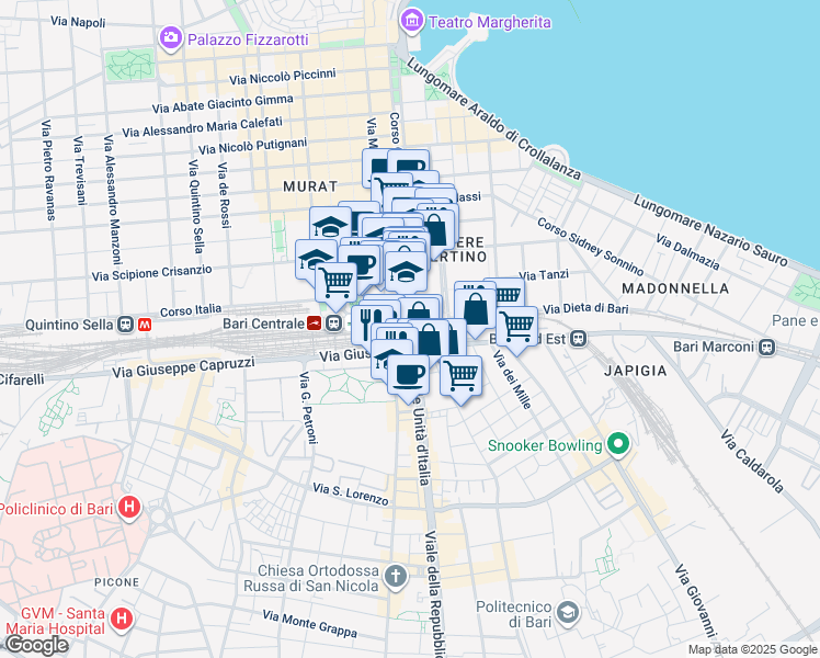 map of restaurants, bars, coffee shops, grocery stores, and more near Corso Cavour in Bari