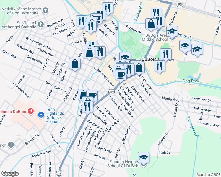 map of restaurants, bars, coffee shops, grocery stores, and more near 116 South Brady Street in DuBois