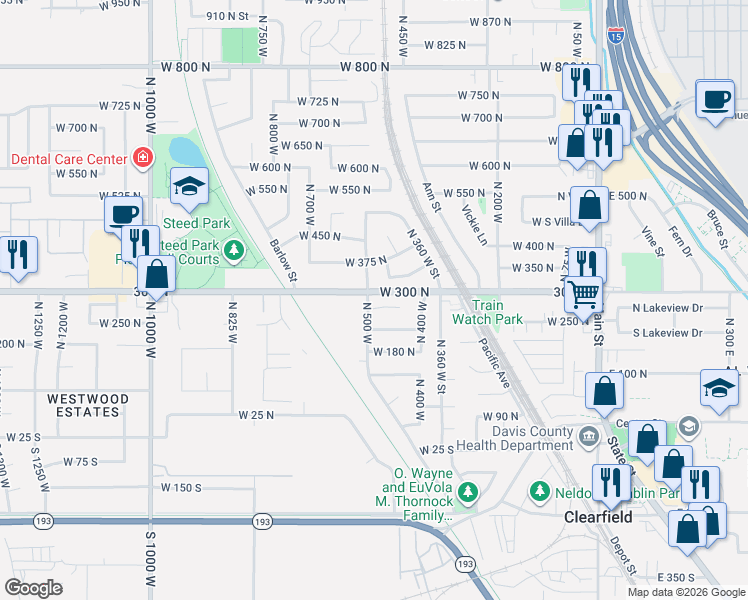 map of restaurants, bars, coffee shops, grocery stores, and more near 495 West 300 North in Clearfield