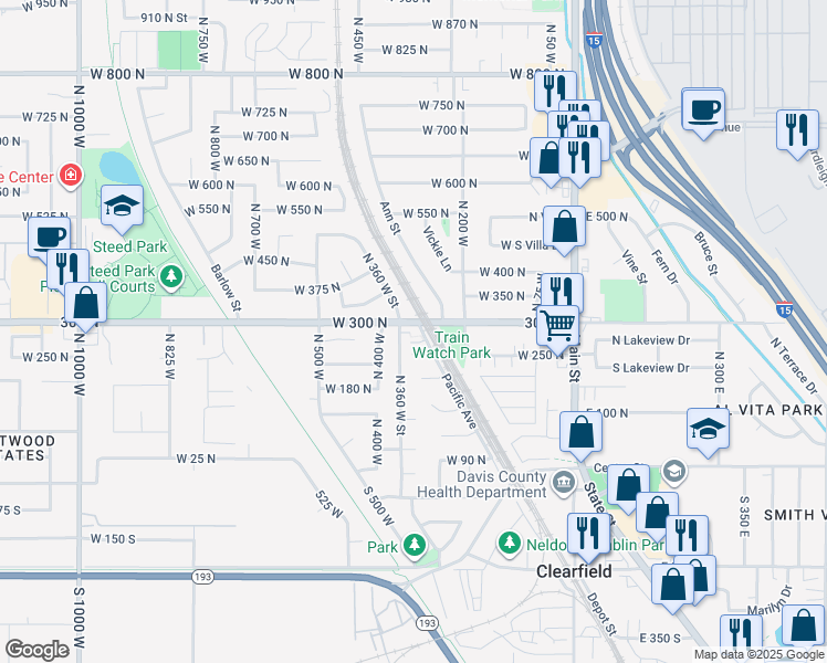 map of restaurants, bars, coffee shops, grocery stores, and more near 343 West 300 North in Clearfield