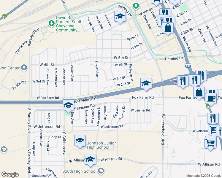map of restaurants, bars, coffee shops, grocery stores, and more near 714 West Second Street in Cheyenne