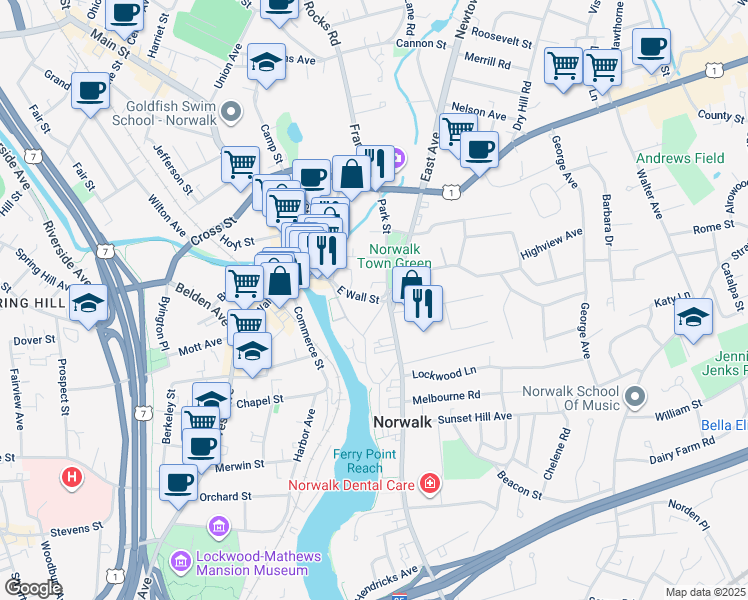 map of restaurants, bars, coffee shops, grocery stores, and more near in Norwalk
