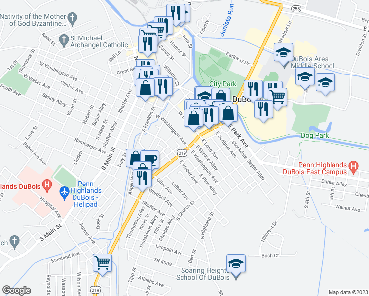map of restaurants, bars, coffee shops, grocery stores, and more near 112 South Brady Street in DuBois