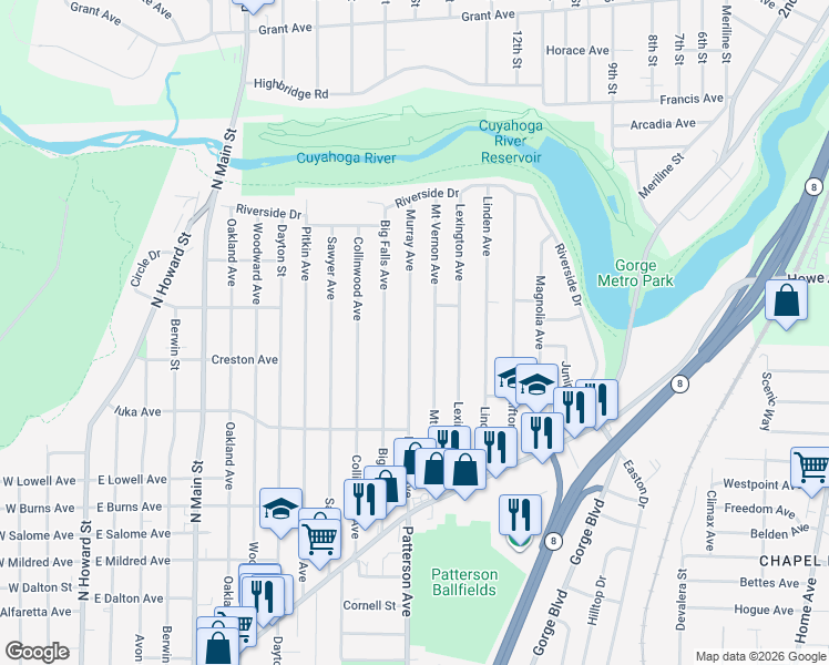 map of restaurants, bars, coffee shops, grocery stores, and more near 1192 Murray Avenue in Akron