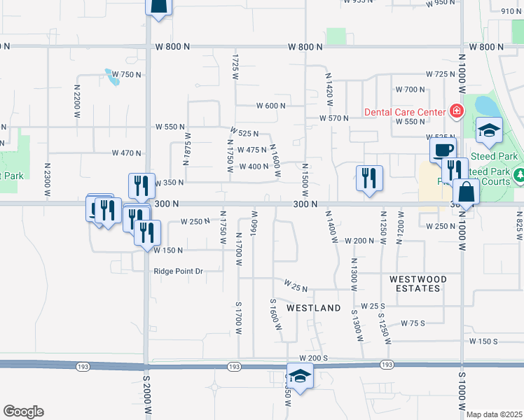 map of restaurants, bars, coffee shops, grocery stores, and more near 1645 West 300 North in West Point
