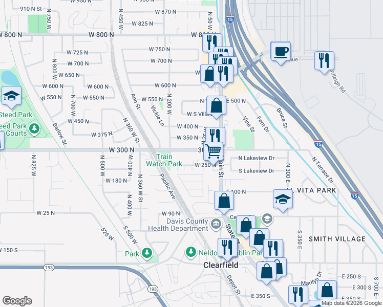 map of restaurants, bars, coffee shops, grocery stores, and more near 105 West 300 North in Clearfield