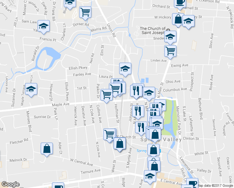 map of restaurants, bars, coffee shops, grocery stores, and more near 12 Twin Avenue in Spring Valley