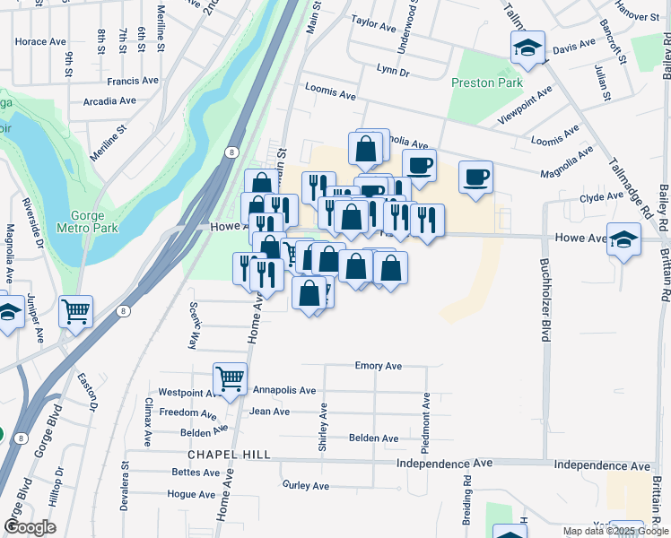 map of restaurants, bars, coffee shops, grocery stores, and more near 230 Howe Avenue in Cuyahoga Falls