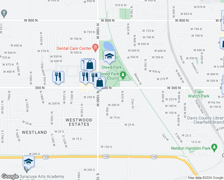 map of restaurants, bars, coffee shops, grocery stores, and more near 909 West 300 North in Clearfield