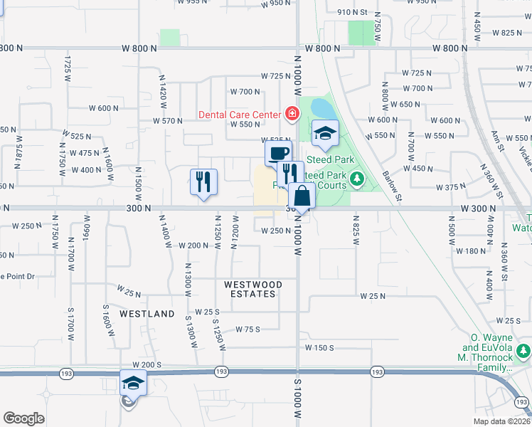 map of restaurants, bars, coffee shops, grocery stores, and more near 1078 West 275 North in Clearfield