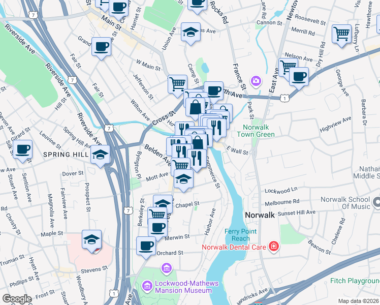 map of restaurants, bars, coffee shops, grocery stores, and more near 43a Wall Street in Norwalk