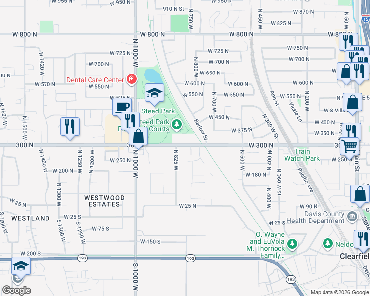 map of restaurants, bars, coffee shops, grocery stores, and more near 797 West 300 North in Clearfield