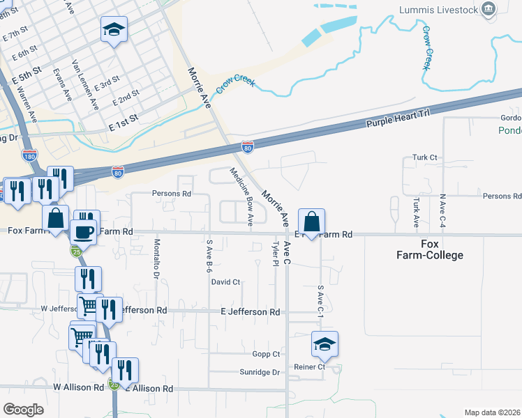 map of restaurants, bars, coffee shops, grocery stores, and more near 801 Owl Creek Ave in Cheyenne