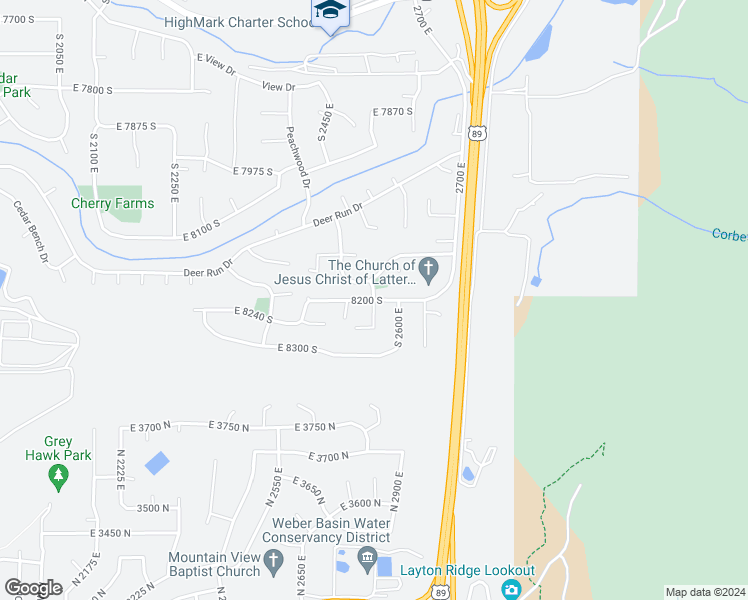 map of restaurants, bars, coffee shops, grocery stores, and more near 2540 East 8240 South in Ogden