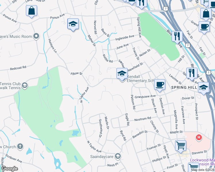 map of restaurants, bars, coffee shops, grocery stores, and more near 14 Rockmeadow Road in Norwalk