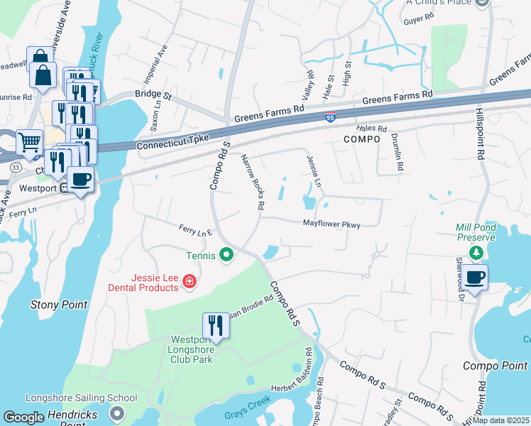 map of restaurants, bars, coffee shops, grocery stores, and more near 1 Mayflower Parkway in Westport