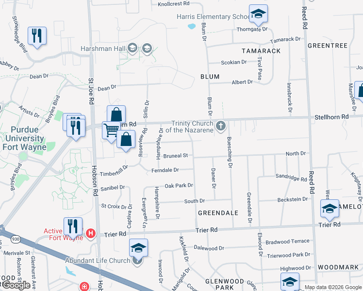 map of restaurants, bars, coffee shops, grocery stores, and more near 3850 Plymouth Road in Fort Wayne