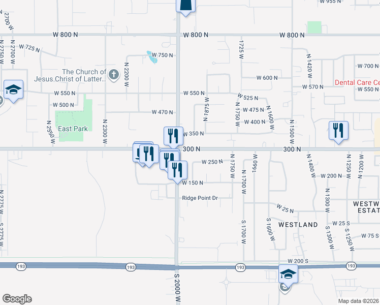 map of restaurants, bars, coffee shops, grocery stores, and more near 1935 Utah 107 in West Point