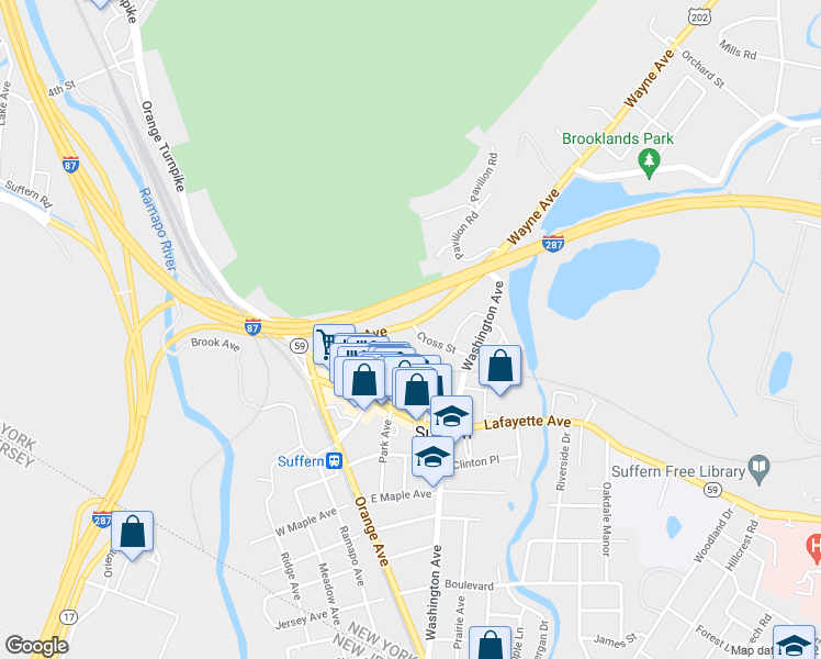 map of restaurants, bars, coffee shops, grocery stores, and more near 43 U.S. 202 in Suffern