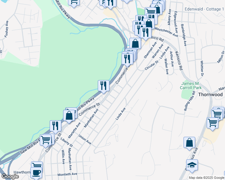 map of restaurants, bars, coffee shops, grocery stores, and more near 706 Commerce Street in Thornwood