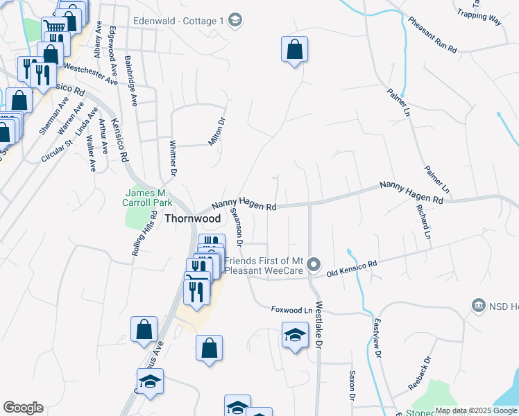 map of restaurants, bars, coffee shops, grocery stores, and more near 72 Nanny Hagen Road in Thornwood