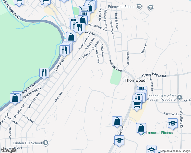 map of restaurants, bars, coffee shops, grocery stores, and more near 3 High Hill Farm Place in Thornwood
