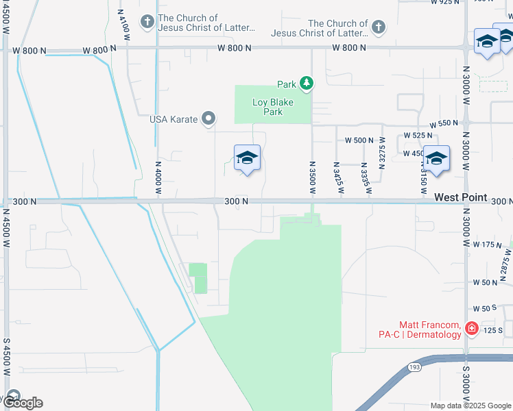 map of restaurants, bars, coffee shops, grocery stores, and more near 3669 West 300 North in West Point