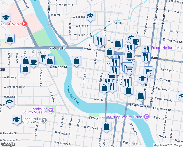 map of restaurants, bars, coffee shops, grocery stores, and more near 341-345 North 4th Avenue in Kankakee