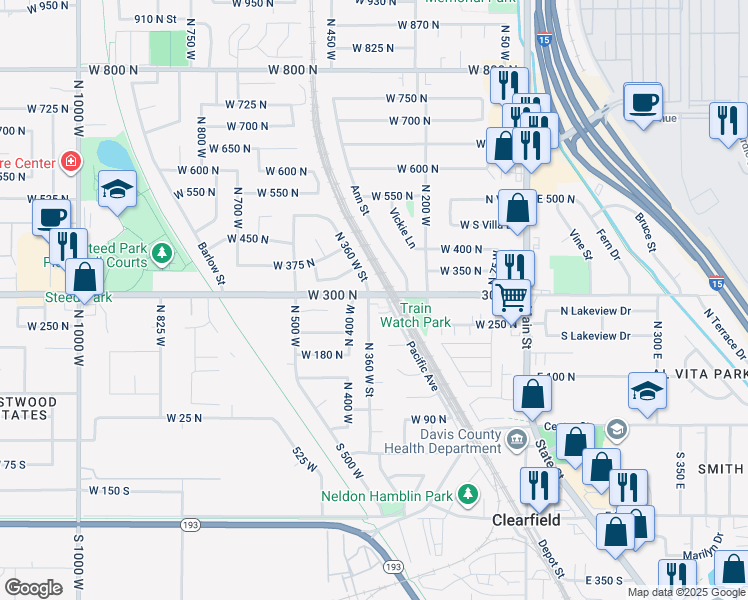 map of restaurants, bars, coffee shops, grocery stores, and more near 343 West 300 North in Clearfield