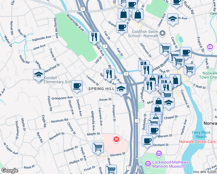 map of restaurants, bars, coffee shops, grocery stores, and more near 8 Spring Hill Avenue in Norwalk