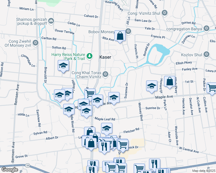 map of restaurants, bars, coffee shops, grocery stores, and more near 3 Elliot Court in Monsey