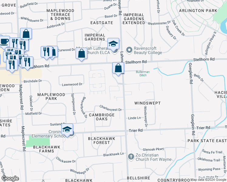 map of restaurants, bars, coffee shops, grocery stores, and more near 4121 Lahmeyer Road in Fort Wayne