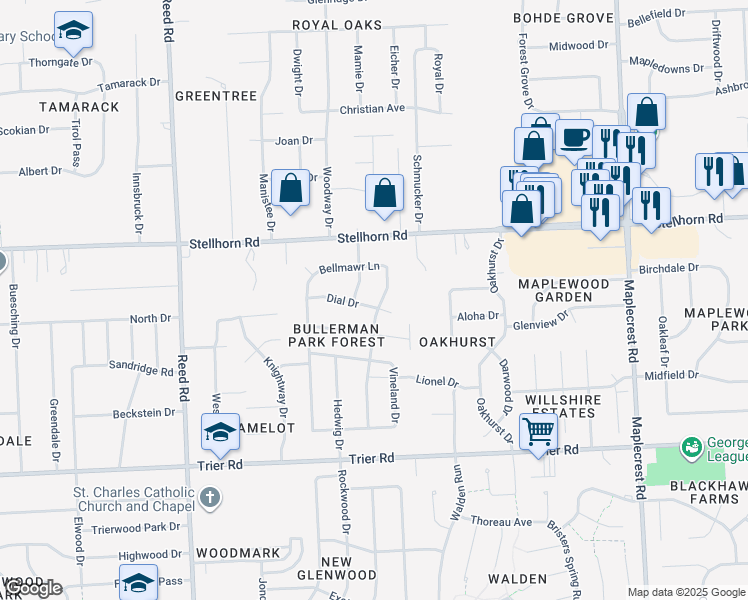 map of restaurants, bars, coffee shops, grocery stores, and more near 5333 Dial Drive in Fort Wayne