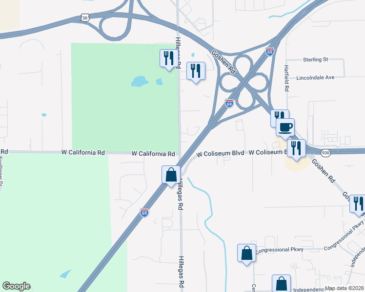 map of restaurants, bars, coffee shops, grocery stores, and more near 4422 Hillegas Road in Fort Wayne