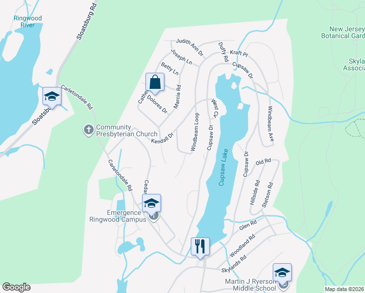 map of restaurants, bars, coffee shops, grocery stores, and more near 64 Windbeam Loop in Ringwood
