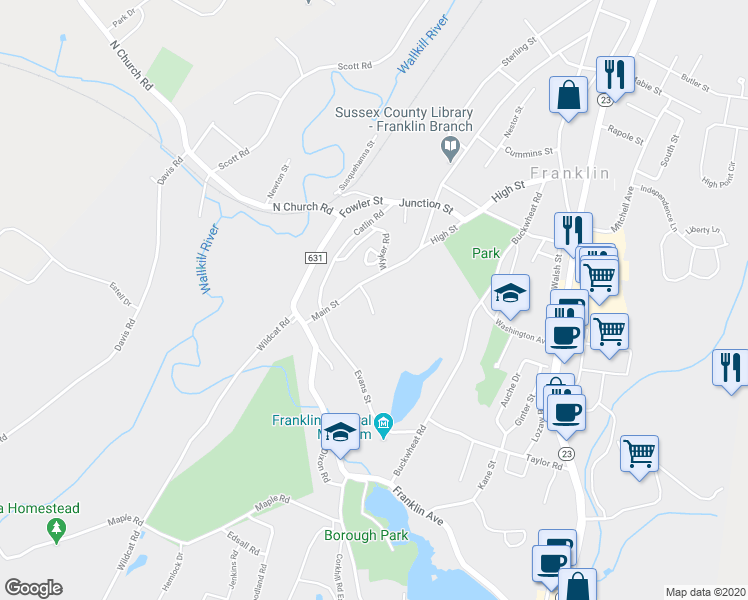 map of restaurants, bars, coffee shops, grocery stores, and more near 1 Miners Lane in Franklin