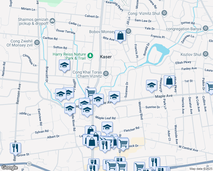 map of restaurants, bars, coffee shops, grocery stores, and more near 3 Elliot Court in Monsey
