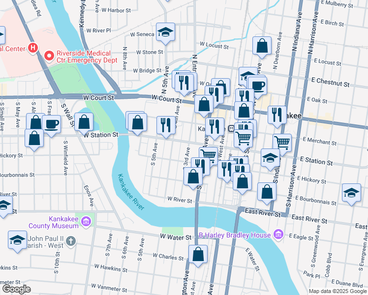 map of restaurants, bars, coffee shops, grocery stores, and more near 327 South 3rd Avenue in Kankakee