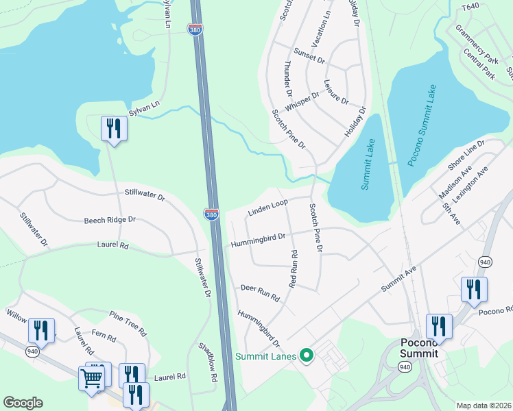 map of restaurants, bars, coffee shops, grocery stores, and more near 1500-1808 Linden Loop in Pocono Summit