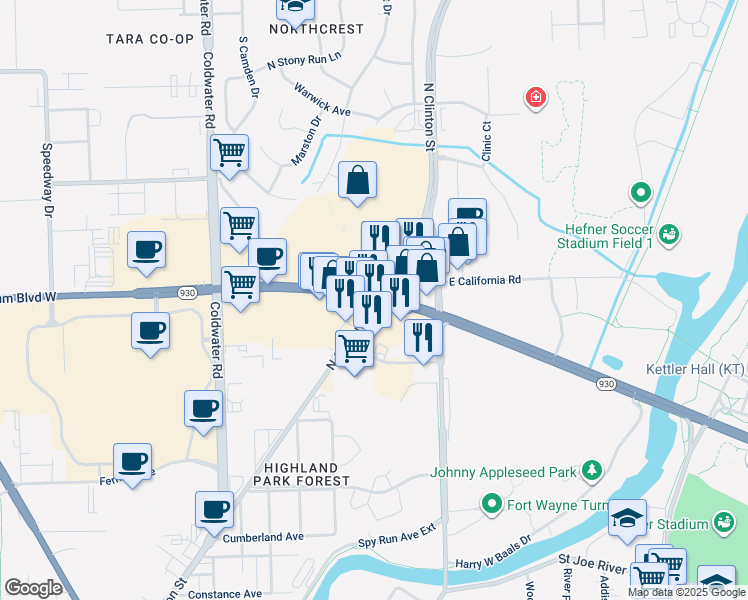 map of restaurants, bars, coffee shops, grocery stores, and more near 820 Coliseum Boulevard East in Fort Wayne