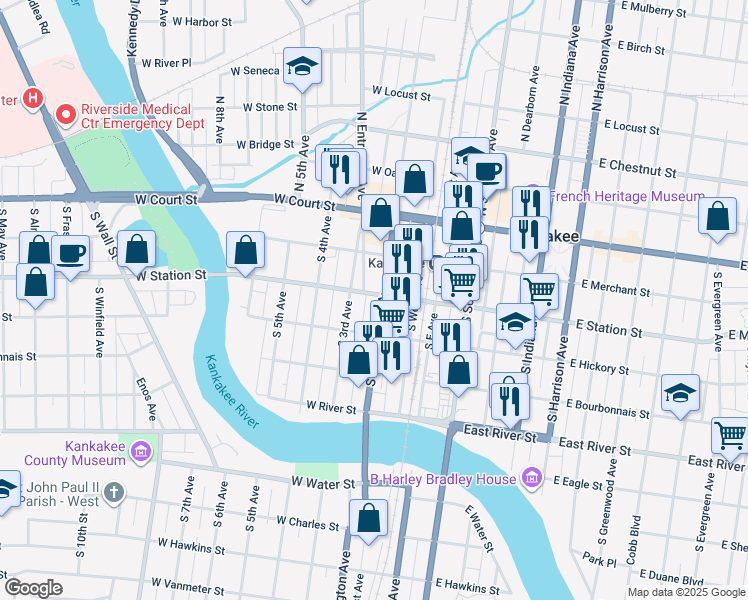 map of restaurants, bars, coffee shops, grocery stores, and more near 305 South Washington Avenue in Kankakee
