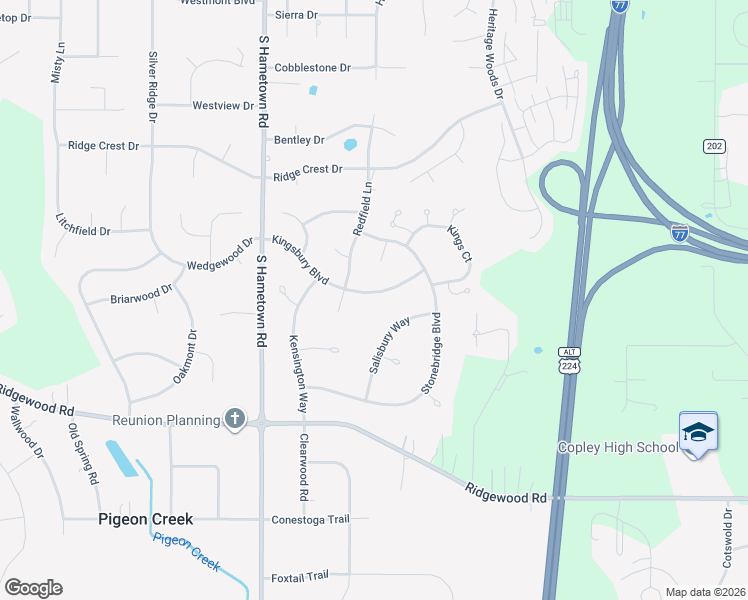 map of restaurants, bars, coffee shops, grocery stores, and more near 4122 Kingsbury Boulevard in Akron