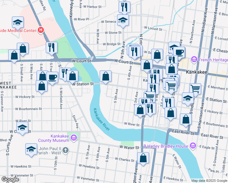 map of restaurants, bars, coffee shops, grocery stores, and more near 353 South 5th Avenue in Kankakee