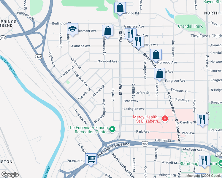 map of restaurants, bars, coffee shops, grocery stores, and more near 518 Clyde Street in Youngstown