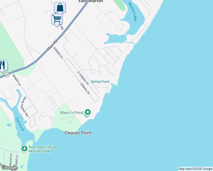 map of restaurants, bars, coffee shops, grocery stores, and more near 575 Pine Place in East Marion